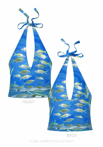 Undersea Fish Y2K Print Halter Deep V Neck Cami Cherrykitten