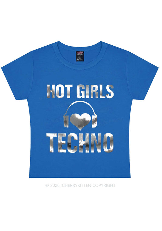 Hot Girls Love Techno Silver Foil Printed Y2K Baby Tee Cherrykitten