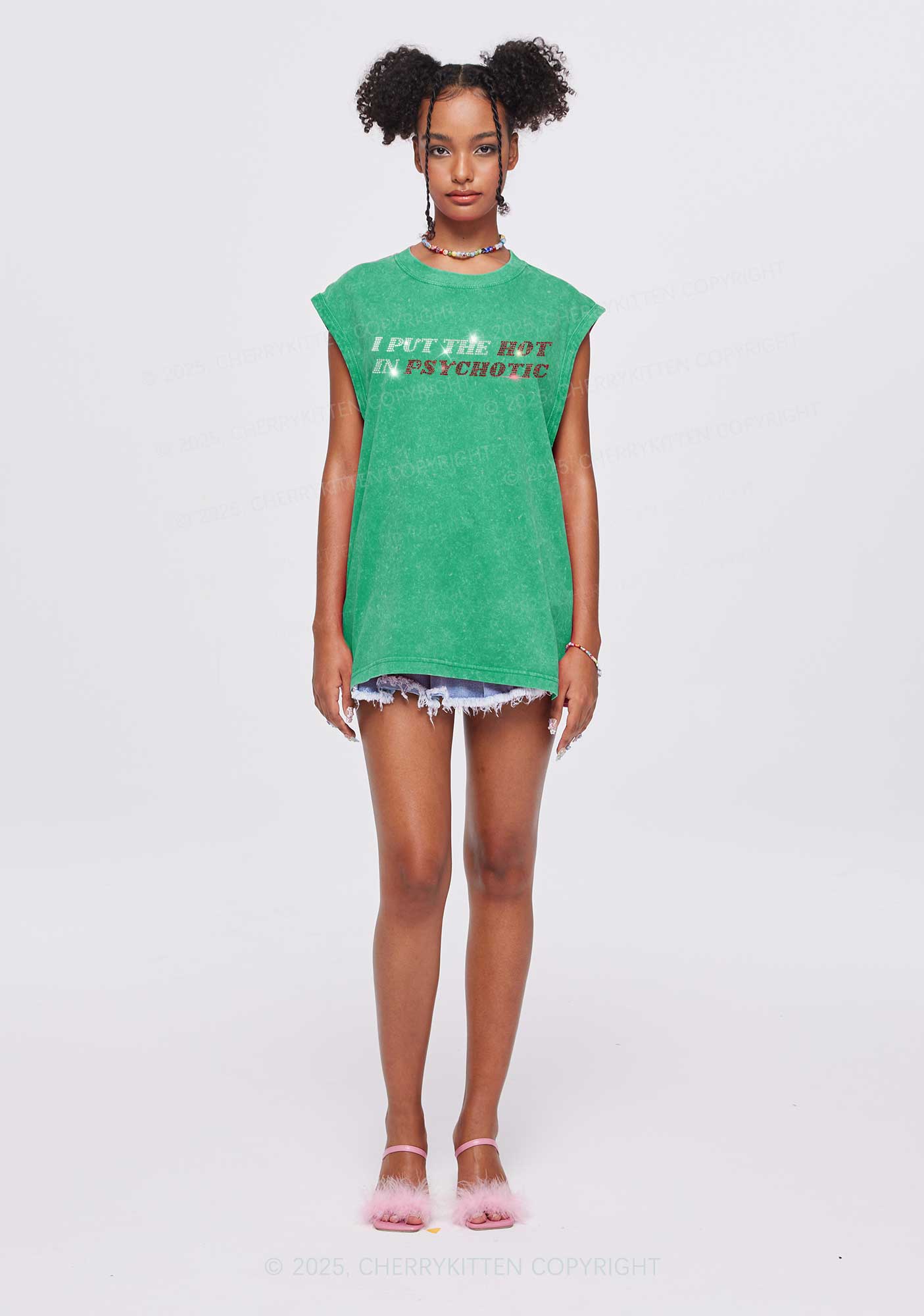 Rhinestone I Put The Hot In Psychotic Y2K Washed Muscle Tank Cherrykitten