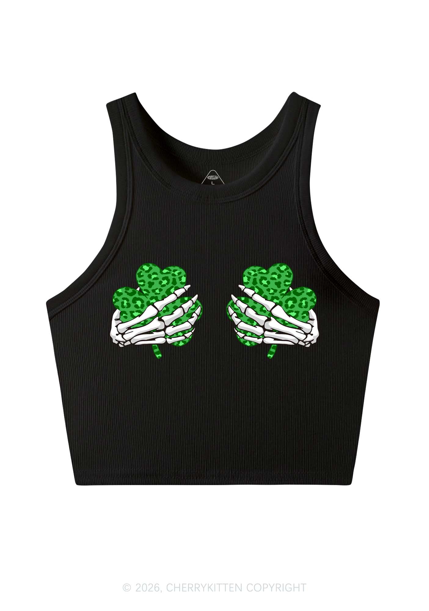 Skeleton Leopard Shamrock St Patricks Y2K Crop Tank Top Cherrykitten