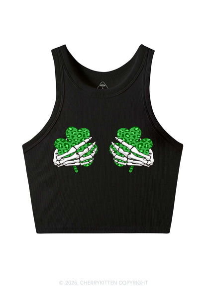 Skeleton Leopard Shamrock St Patricks Y2K Crop Tank Top Cherrykitten
