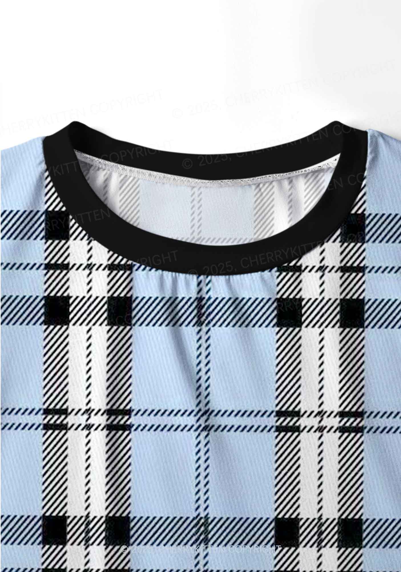 Light Blue Plaid Y2K Print Long Sleeve Pajama Set Cherrykitten