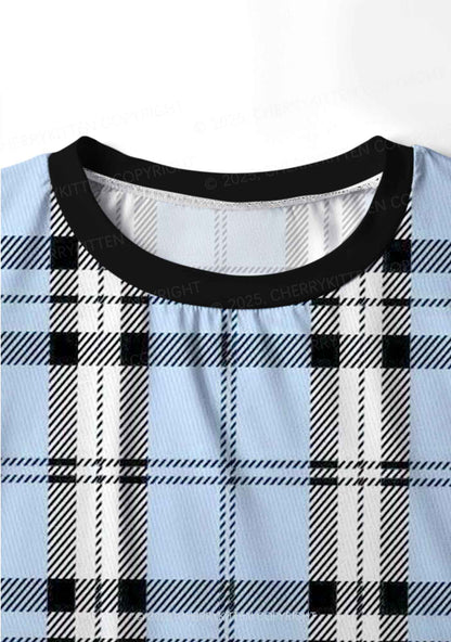 Light Blue Plaid Y2K Print Long Sleeve Pajama Set Cherrykitten