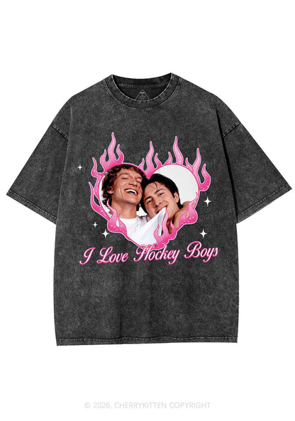 I Love Hockey Boys Pink Heart HR Y2K Shirts Washed Tee Cherrykitten