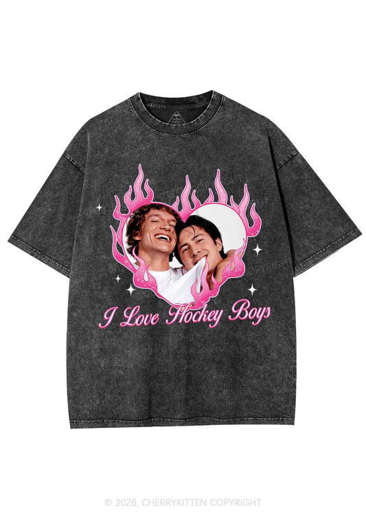 I Love Hockey Boys Pink Heart HR Y2K Shirts Washed Tee Cherrykitten