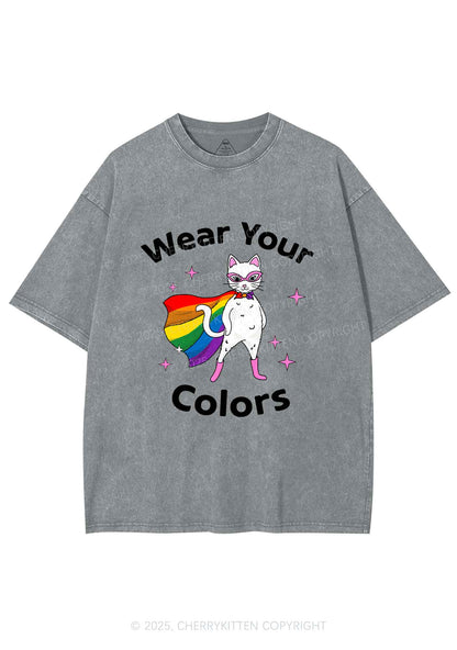 Pride Flag Cat Y2K Shirts Washed Tee Cherrykitten