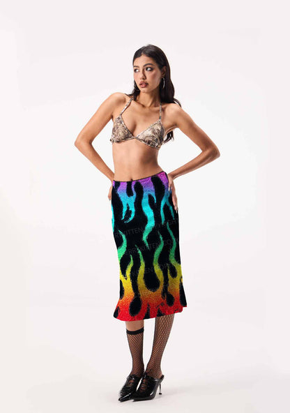 Rainbow Flame Pride Y2K Print Midi Skirt Cherrykitten