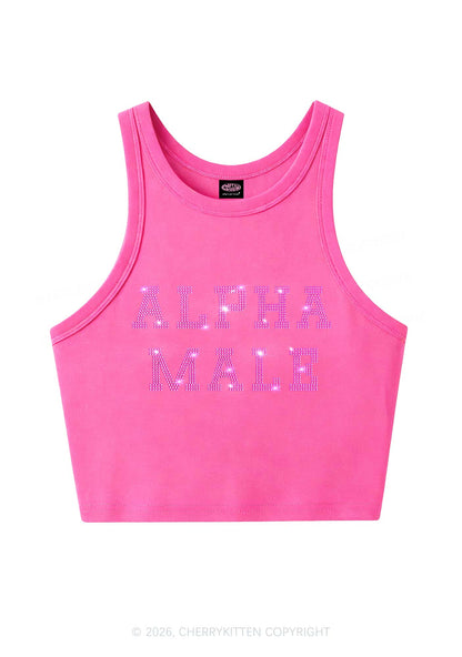 Rhinestone Pink Alpha Male Y2K Crop Tank Top Cherrykitten