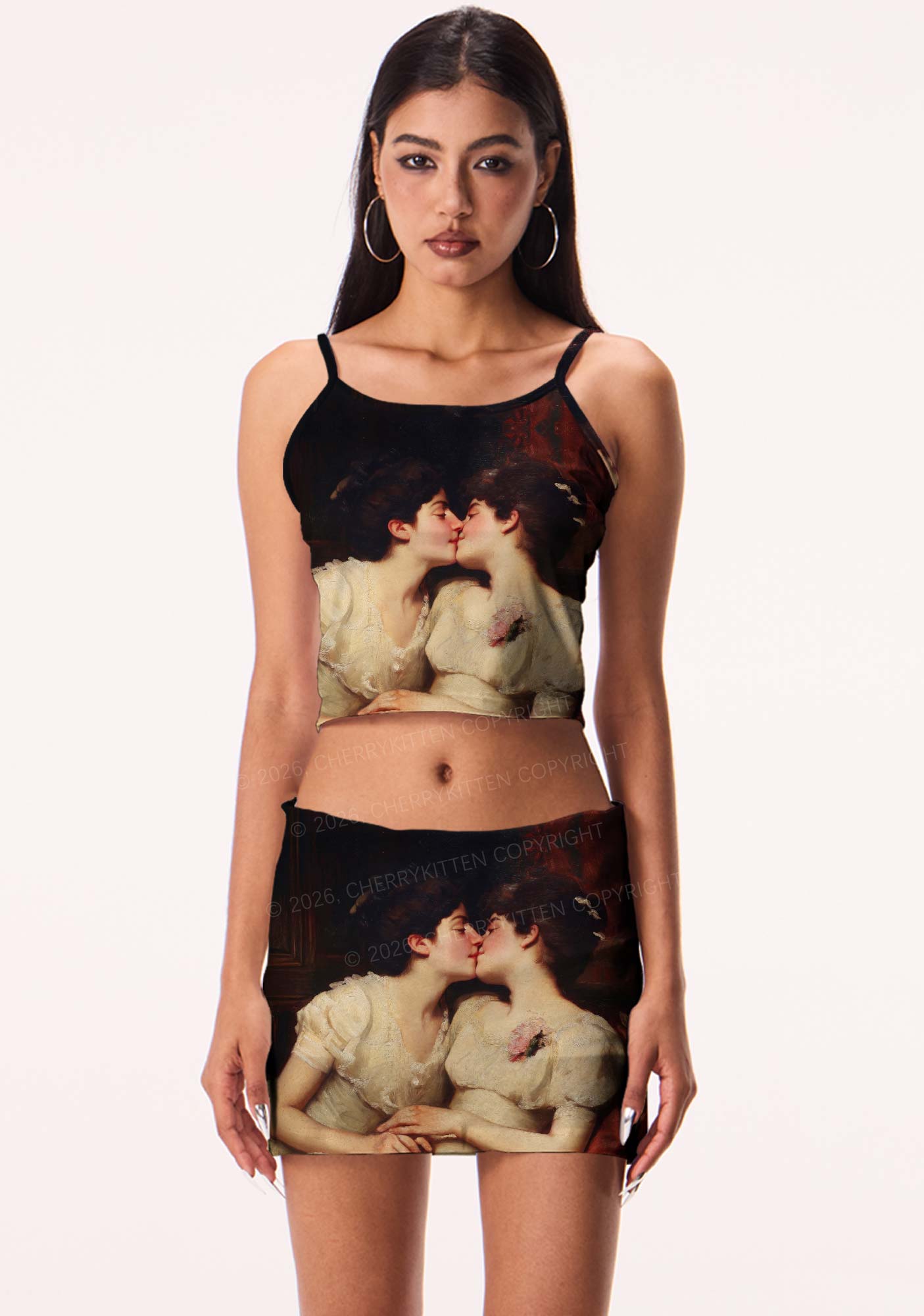 Vintage Women Kissing Pride Y2K Print Cami Crop Top Cherrykitten
