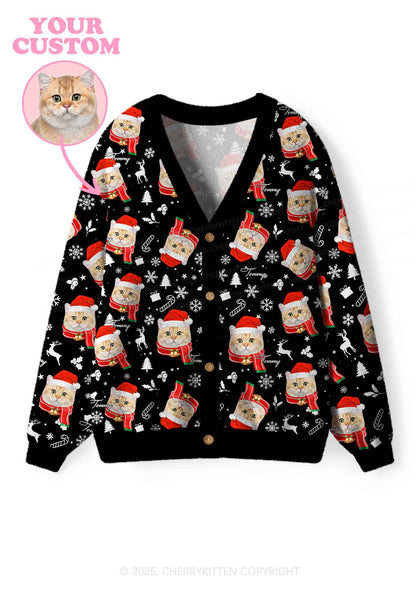 Custom Cat Face Y2K Christmas Cardigan Knit Sweatshirt Cherrykitten