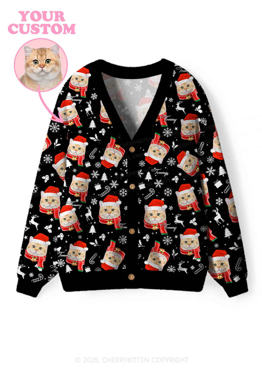Custom Cat Face Y2K Christmas Cardigan Knit Sweatshirt Cherrykitten