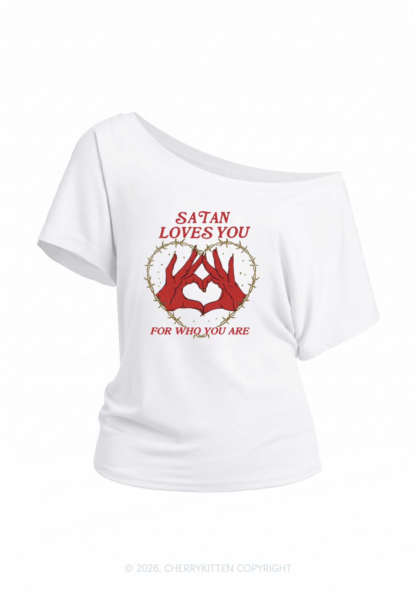 Satan Loves You Heart Halloween Y2K Off Shoulder Tee Cherrykitten