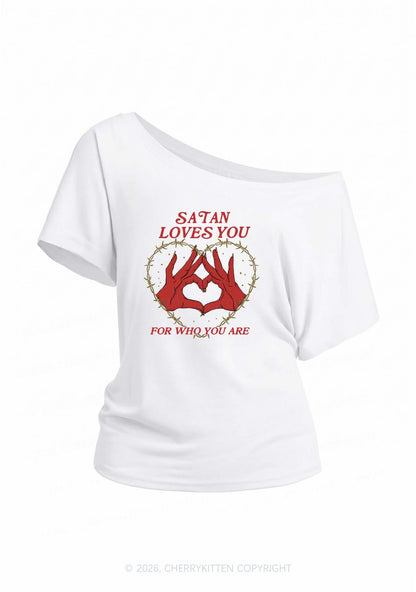 Satan Loves You Heart Halloween Y2K Off Shoulder Tee Cherrykitten