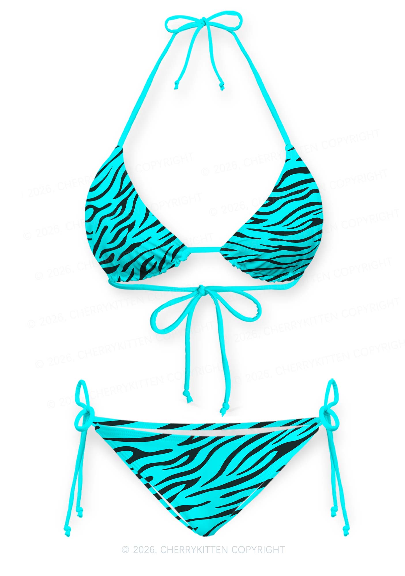 Bright Cyan Zebra Stripes Y2K Print Bikini Set Cherrykitten