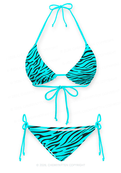 Bright Cyan Zebra Stripes Y2K Print Bikini Set Cherrykitten