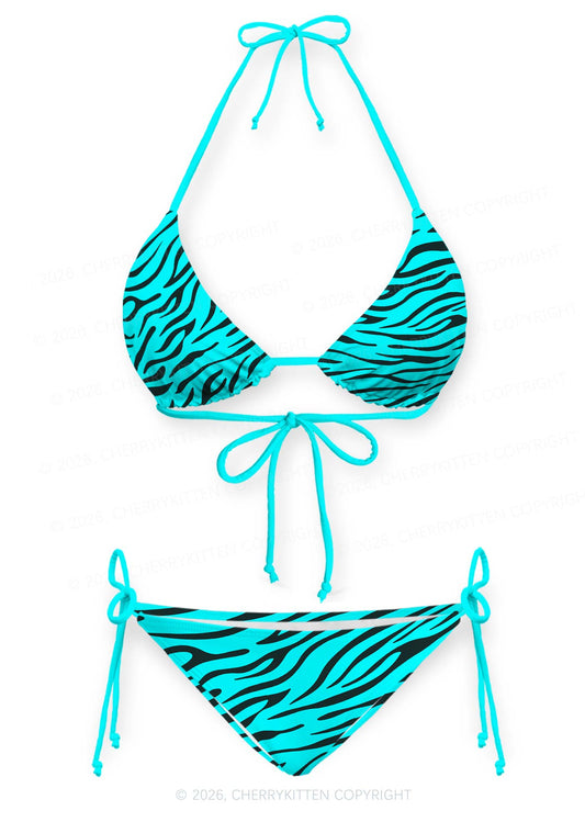 Bright Cyan Zebra Stripes Y2K Print Bikini Set Cherrykitten