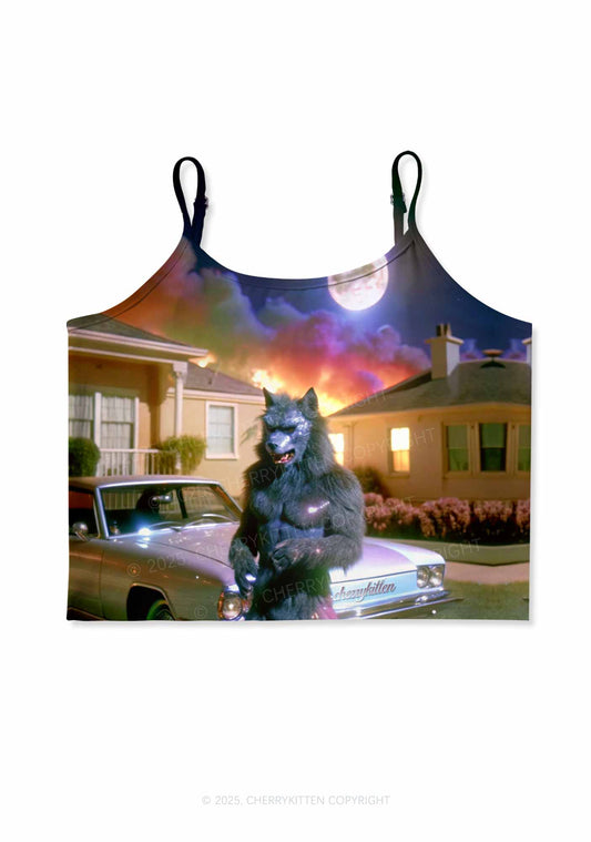 Halloween Moonlight Werewolf Y2K Print Cami Crop Top Cherrykitten