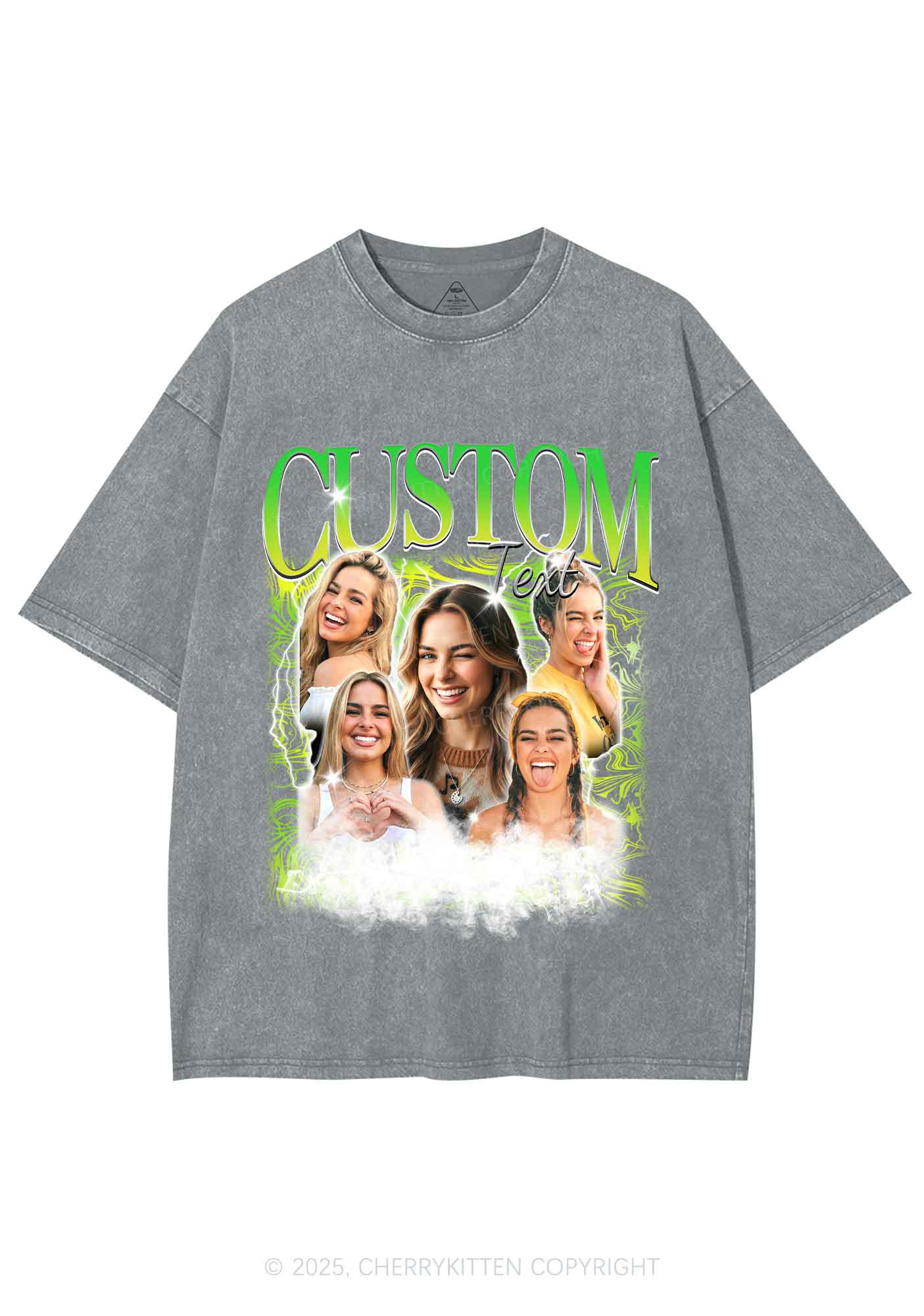 Custom Portrait Glitter Text Y2K Shirts Washed Tee Cherrykitten