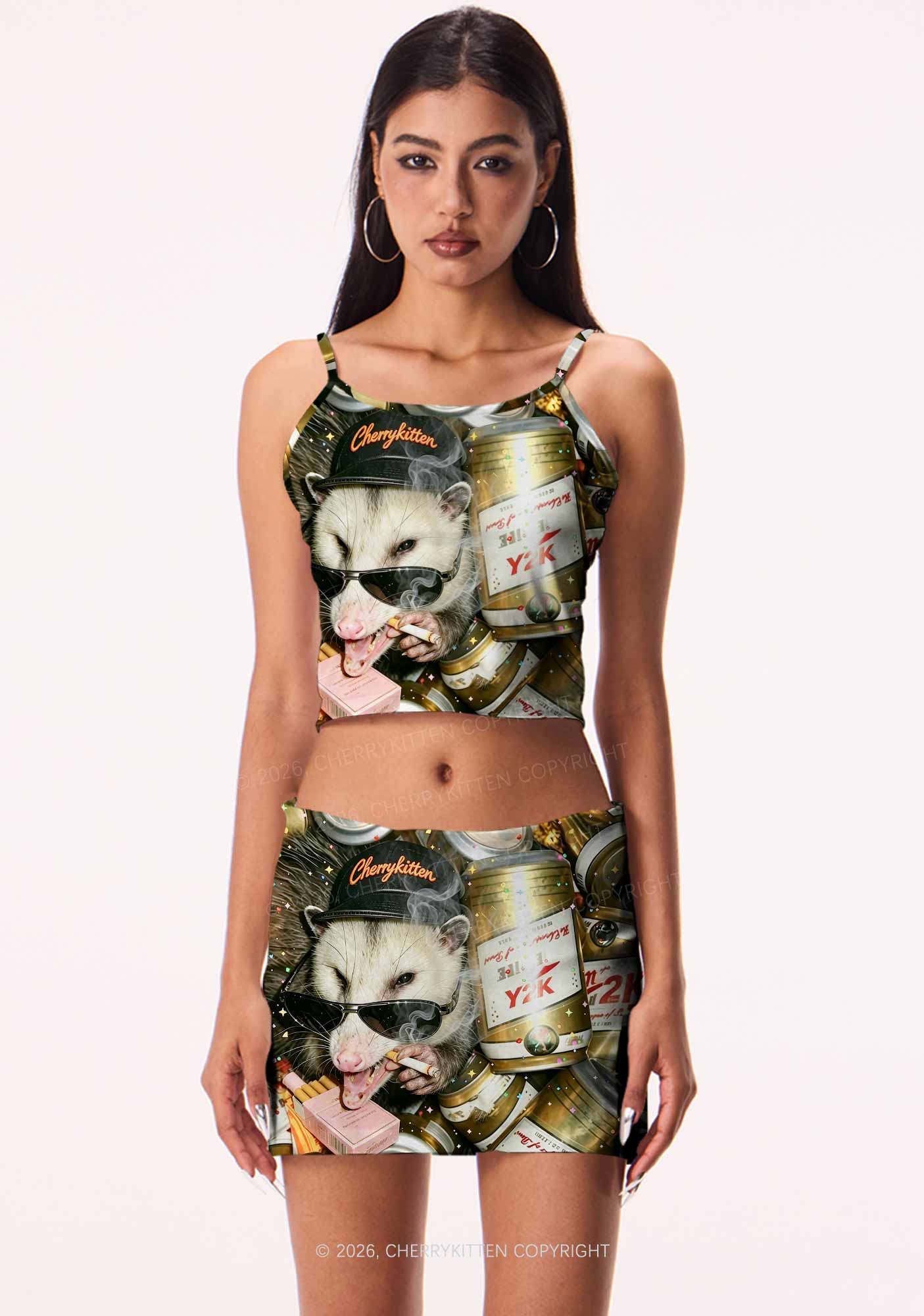 Smoking Opossum Y2K Print Cami Crop Top Cherrykitten