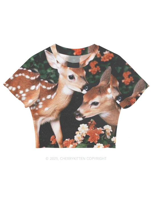 Deer Flowers Y2K Mesh Crop Top Cherrykitten