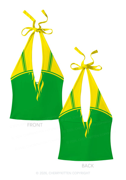 Yellow Green Flame Y2K Print Halter Deep V Neck Cami Cherrykitten