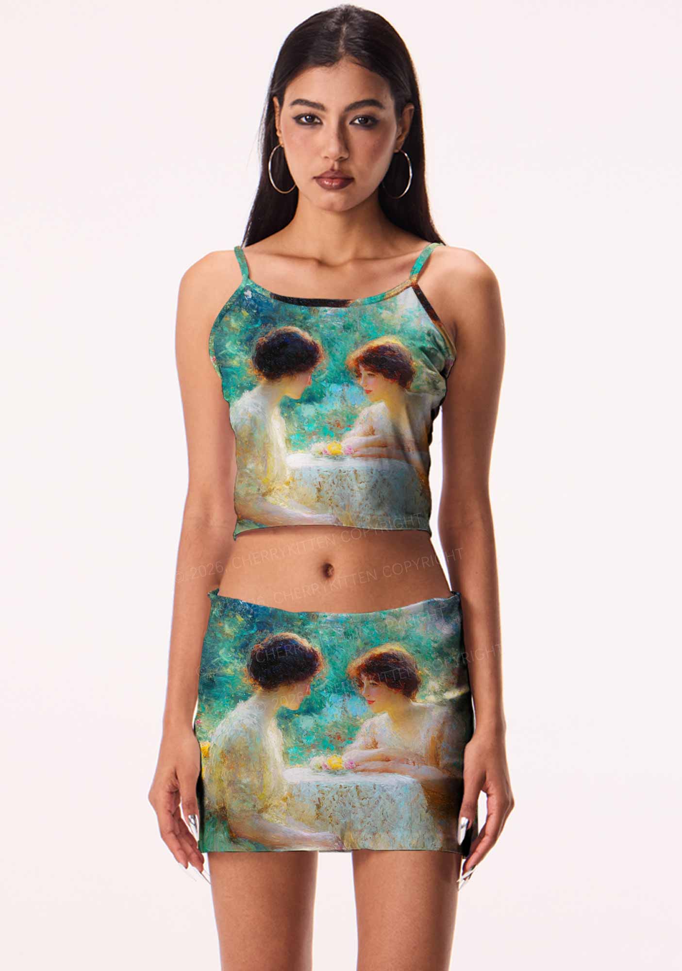 Garden Tea Scene Art Pride Y2K Print Cami Crop Top Cherrykitten