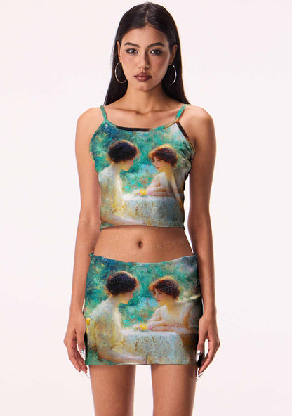 Garden Tea Scene Art Pride Y2K Print Cami Crop Top Cherrykitten