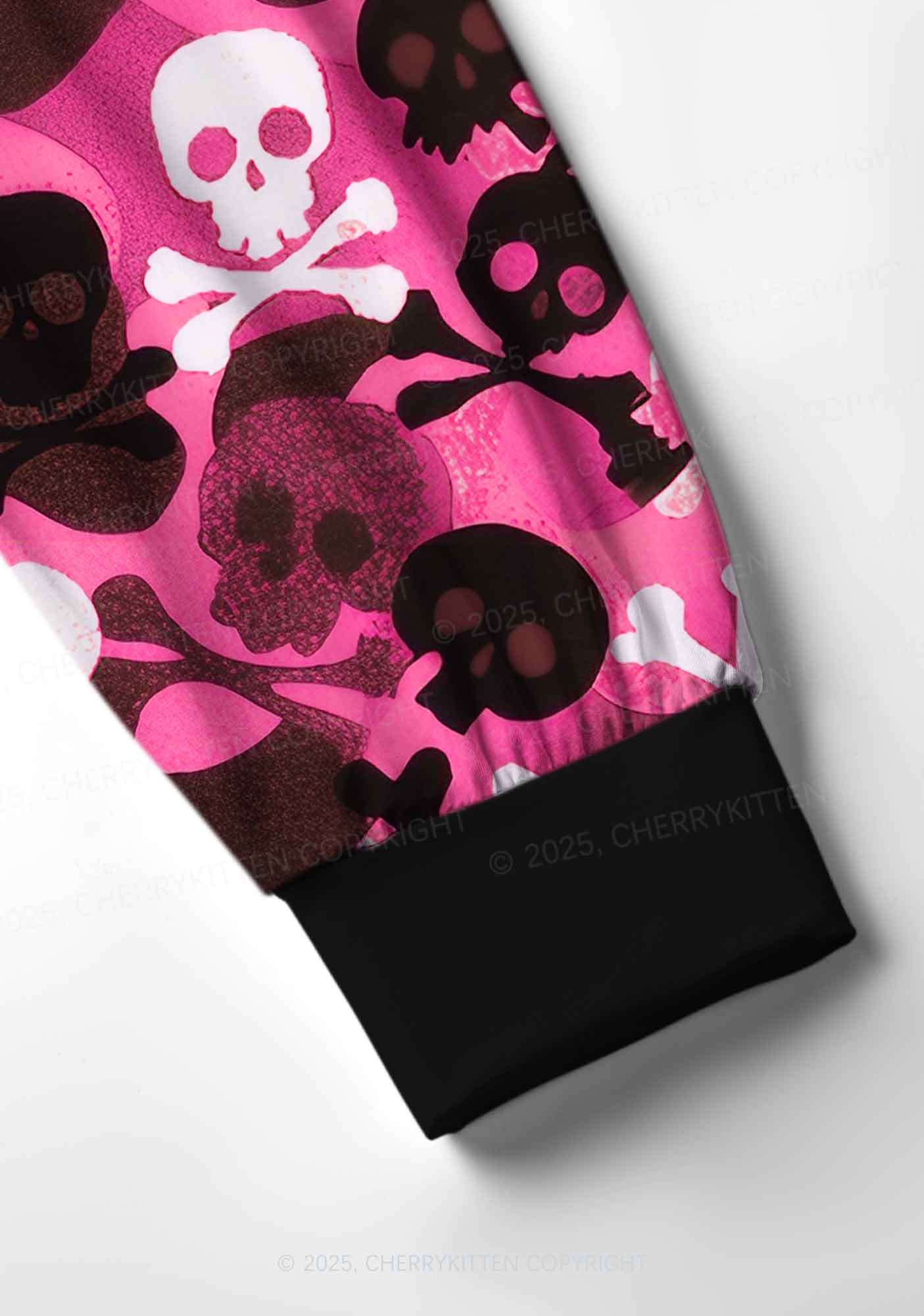 Halloween Pink Camouflage Skull Y2K Print Long Sleeve Pajama Set Cherrykitten