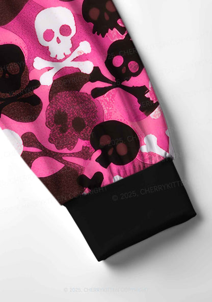 Halloween Pink Camouflage Skull Y2K Print Long Sleeve Pajama Set Cherrykitten