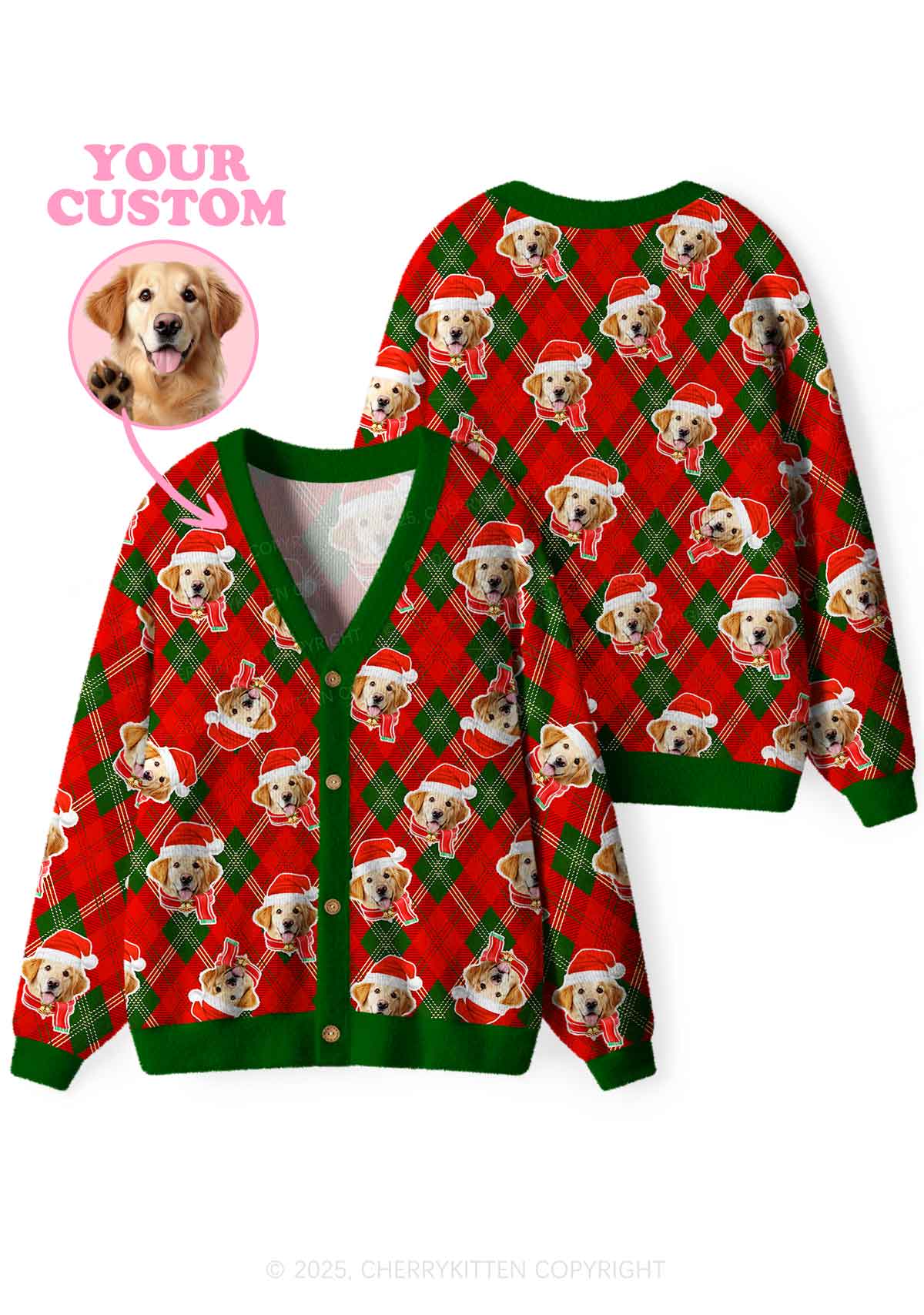 Custom Christmas Dog Face Y2K Christmas Cardigan Knit Sweatshirt Cherrykitten