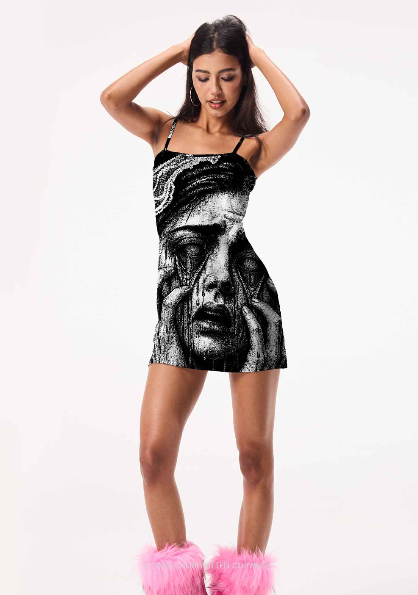 Halloween Veiled Crying Woman Y2K Print Slip Dress Cherrykitten