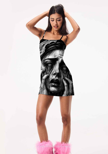 Halloween Veiled Crying Woman Y2K Print Slip Dress Cherrykitten