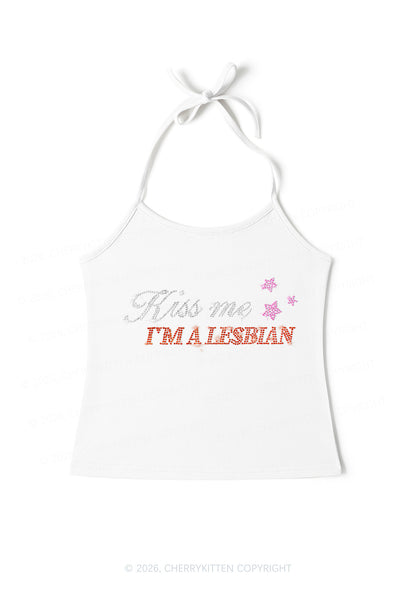 Rhinestone Kiss Me Im A Lesbian Pride Y2K Halter Neck Cami Cherrykitten