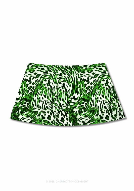 Retro Green Leopard St Patricks Y2K Print Mini Skirt Cherrykitten