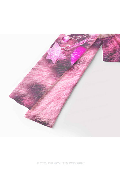 Pink Plush Phone Y2K Mesh Long Sleeve Crop Top Cherrykitten
