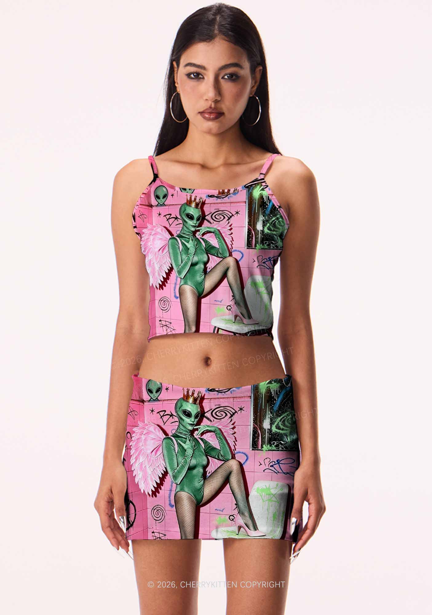 Alien Angel Graffiti Wall Y2K Print Mini Skirt Cherrykitten