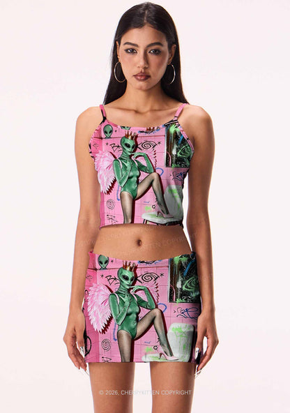 Alien Angel Graffiti Wall Y2K Print Mini Skirt Cherrykitten