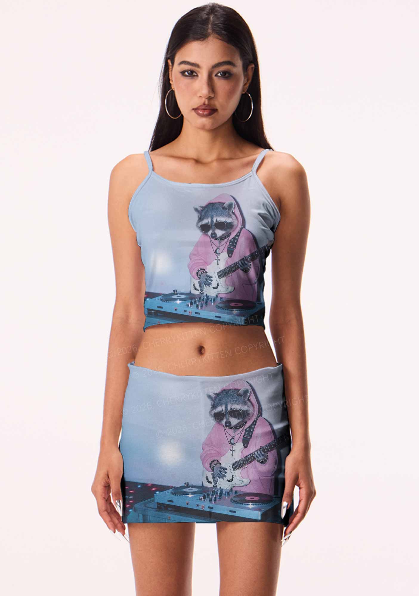 Pink Hoodie Raccoon DJ Y2K Print Cami Crop Top Cherrykitten