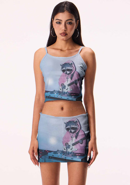 Pink Hoodie Raccoon DJ Y2K Print Cami Crop Top Cherrykitten
