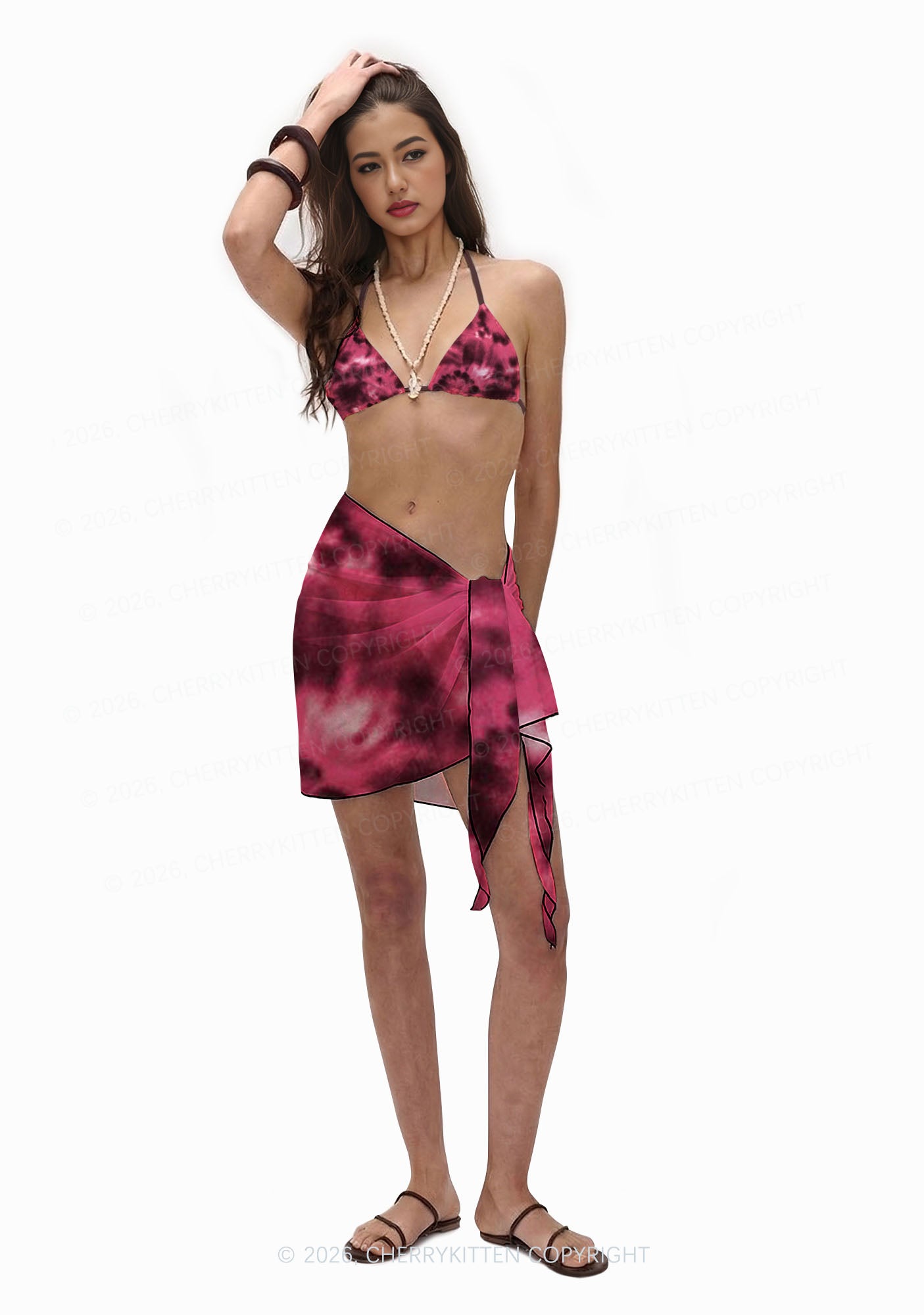 Wine Red Tie Dye Y2K Print Bikini Set Cherrykitten