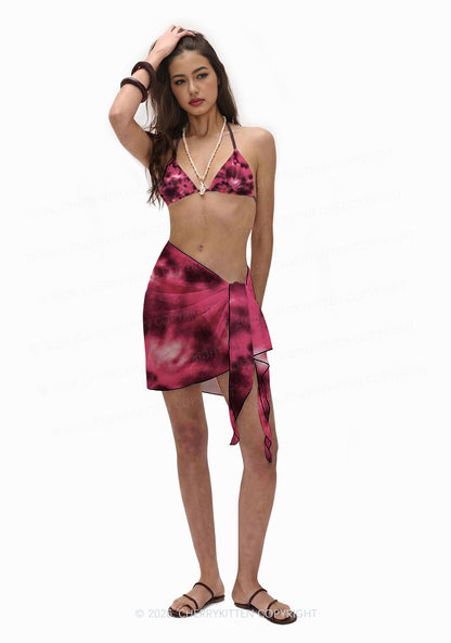 Wine Red Tie Dye Y2K Print Bikini Set Cherrykitten