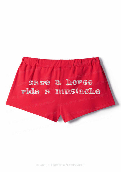 Rhinestone Ride A Mustache Y2K Drawstring Mini Shorts Cherrykitten
