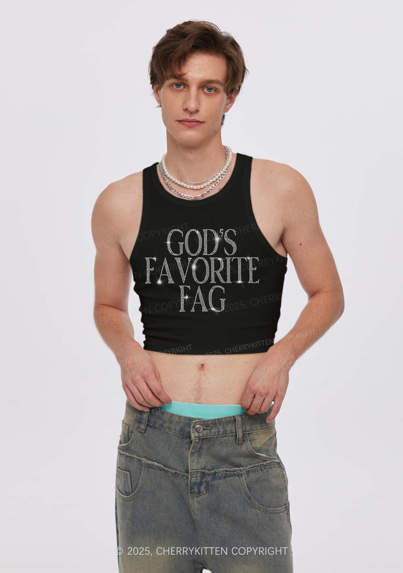 Rhinestone  Gods Favorite Fag Pride Y2K Crop Tank Top Cherrykitten