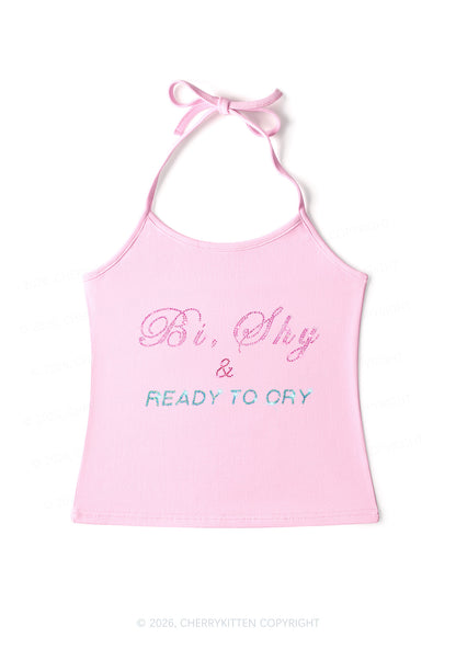 Rhinestone Bi Shy And Ready To Cry Pride Y2K Halter Neck Cami Cherrykitten