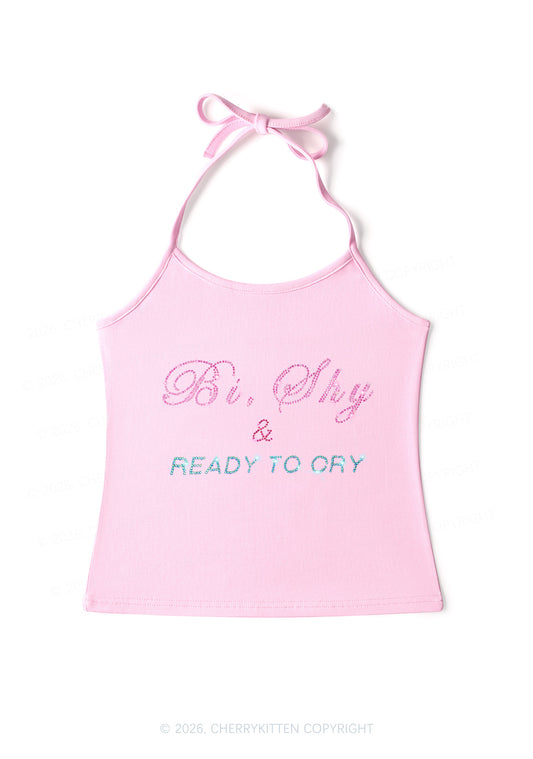 Rhinestone Bi Shy And Ready To Cry Pride Y2K Halter Neck Cami Cherrykitten