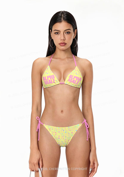 Pale Yellow Alpha Male Pride Y2K Print Bikini Set Cherrykitten