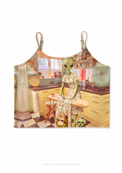 Halloween Alien Housewife Y2K Print Cami Crop Top Cherrykitten