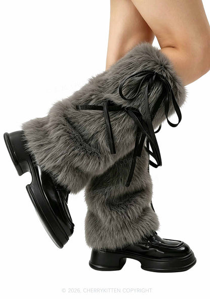 Fuzzy Bow Faux Fur Y2K Leg Warmers Cherrykitten