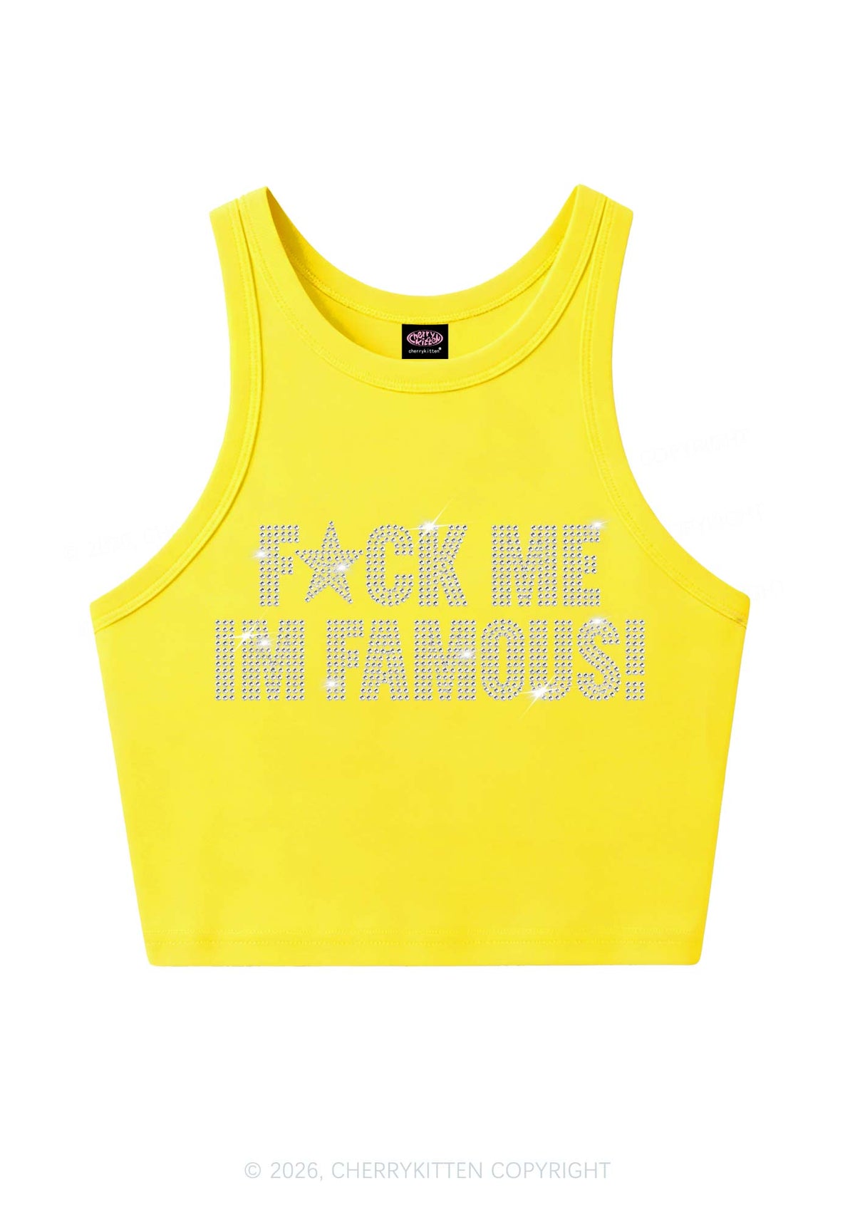 Rhinestone Fxxk Me Im Famous Y2K Crop Tank Top Cherrykitten
