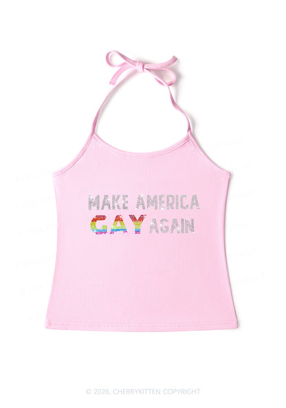 Rhinestone Make America Gay Again Pride Y2K Halter Neck Cami Cherrykitten